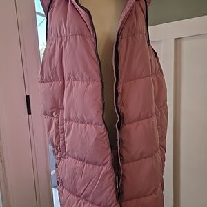 Nuage Pink Puffer Sleeveless Long  Women's Vest Removeable Hood Size L NWOT